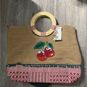 Cherry Embroidered Tan Tote Bag